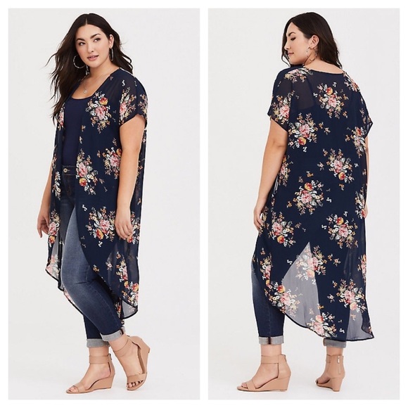 torrid Tops - Torrid Navy Floral Chiffon Semi Sheer Long Light Weight Kimono Women’s 10-12